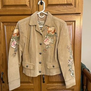 Triple Creek Tan Leather Jacket with Floral Embroidery